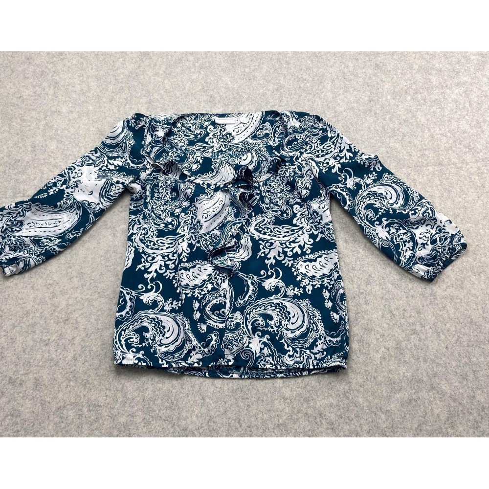 New York & Company Blouse Womens XS Blue Paisley Off Shoulder Ruffle 3/4 Sleeve